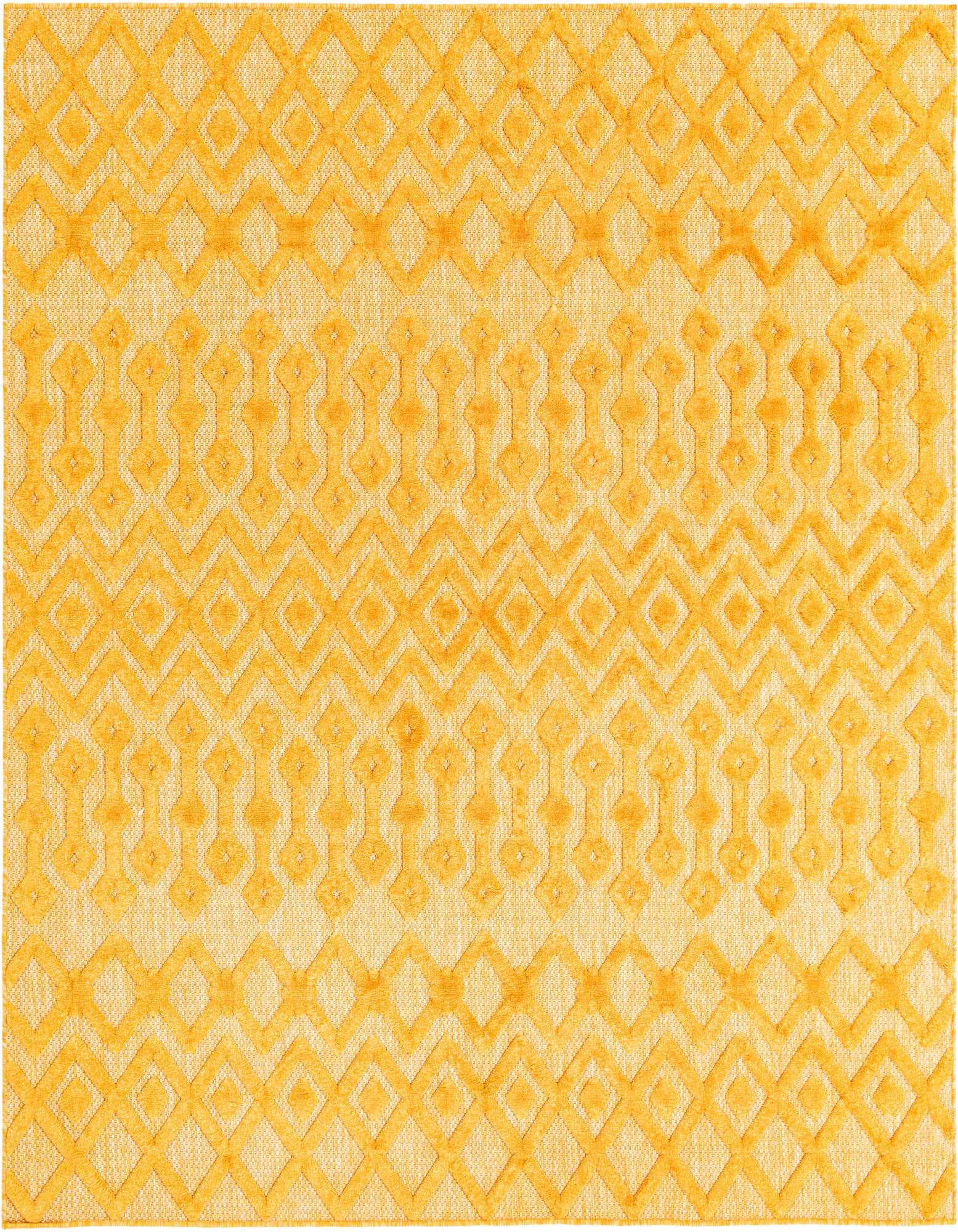A 7' 10 x 7' 10 square yellow tribal rug with a textured high-low trellis pattern, suitable for a patio.