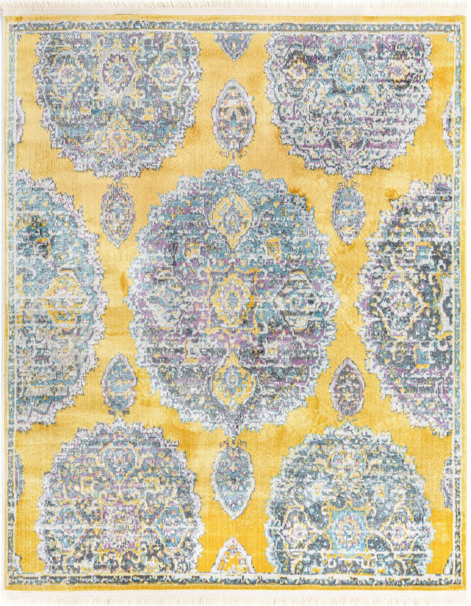 A 5' 5 x 5' 5 square yellow Bohemian rug with large, faded blue, purple, and grey floral medallions.