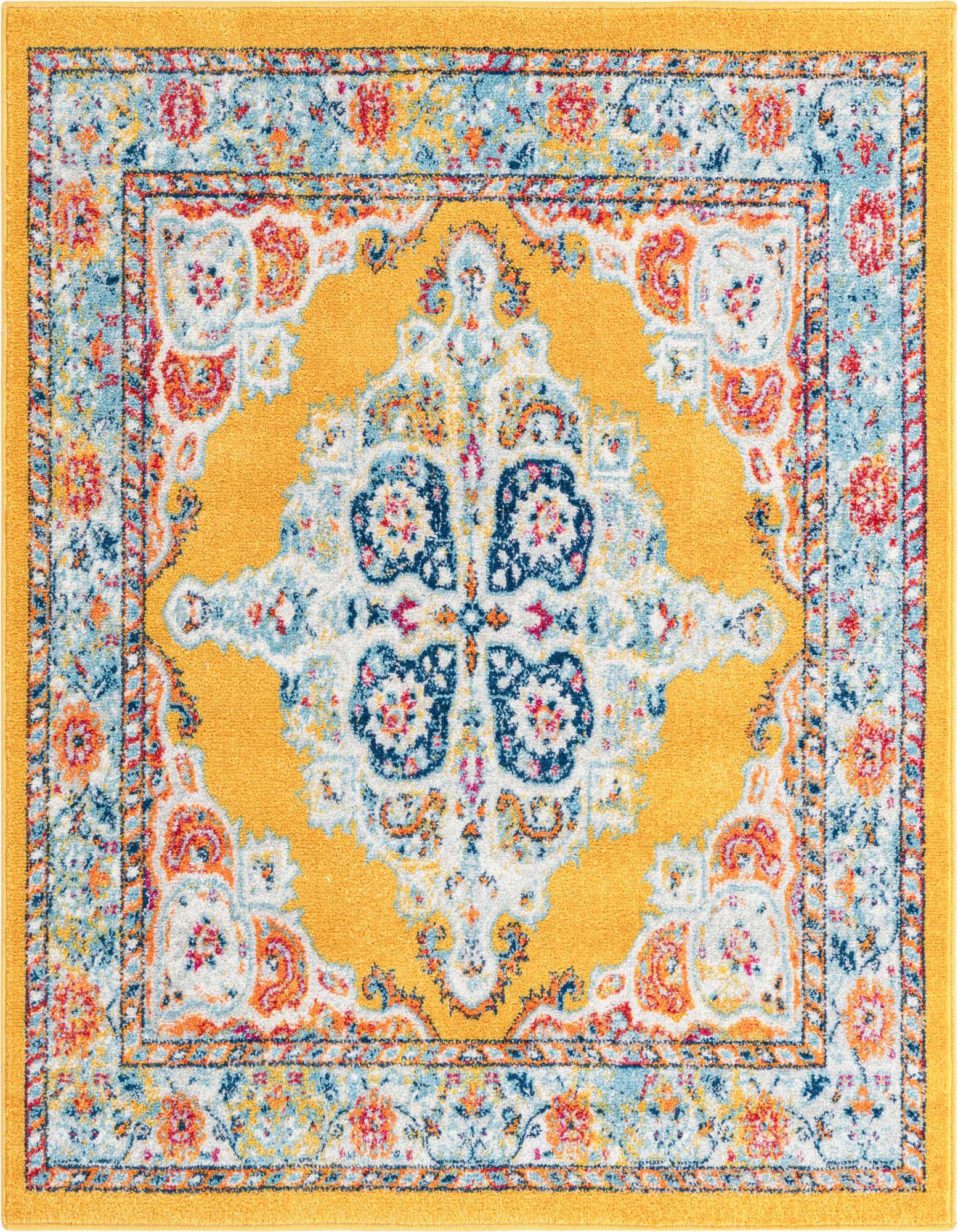 A square 5'x5' Parker Collection rug featuring a vibrant yellow medallion center with a light blue, orange, and white traditional border.