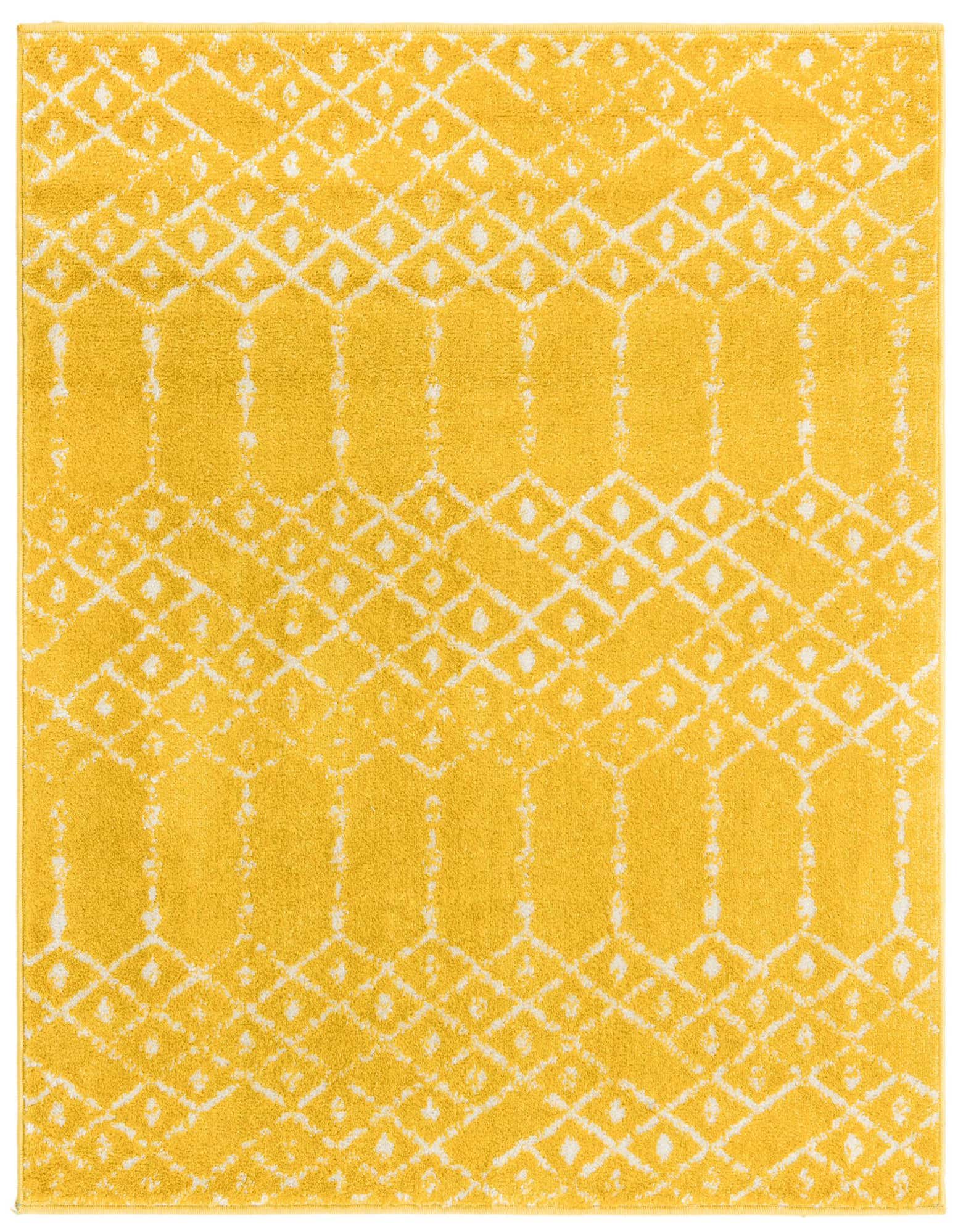 A 4'x4' square yellow area rug with a modern tribal trellis pattern in white, perfect for an indoor living space.