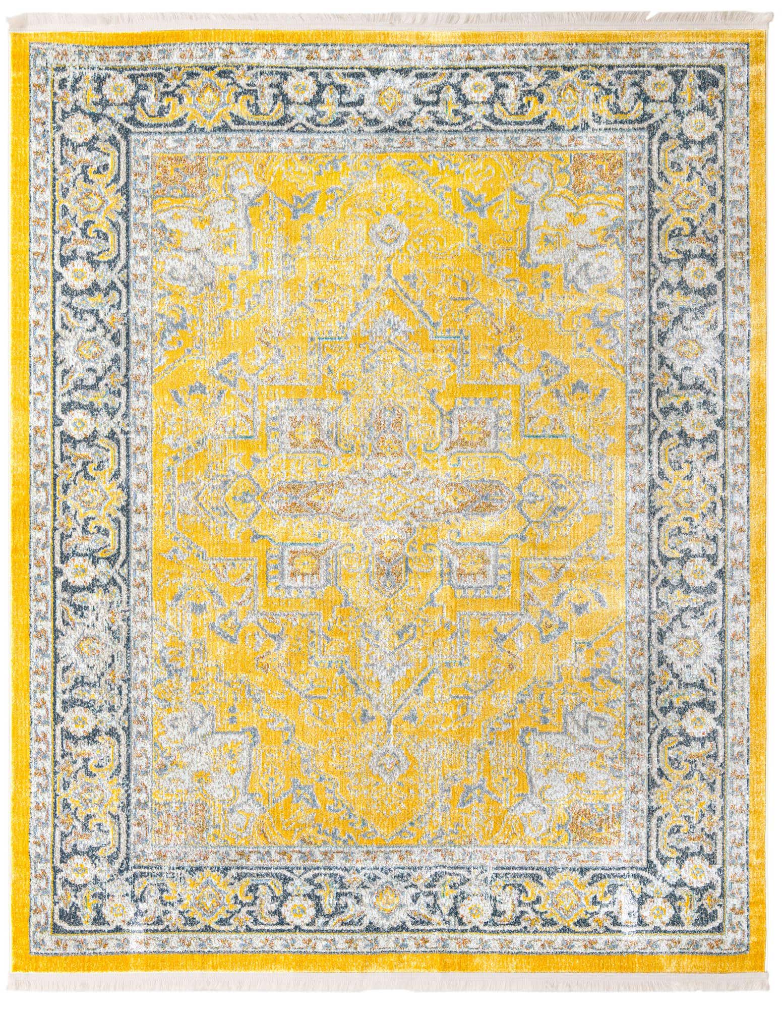 A square 8'x8' yellow and gray traditional medallion area rug with a distressed vintage look and fringe.