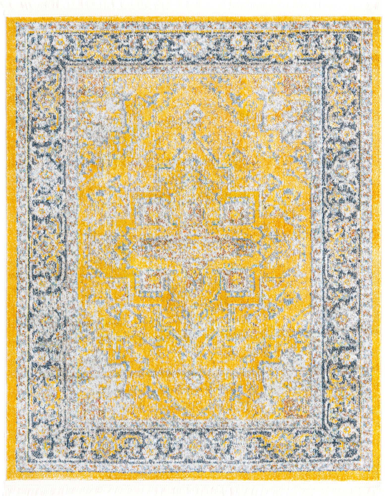 A 4'x4' square yellow and gold traditional area rug with a distressed medallion pattern and dark border.