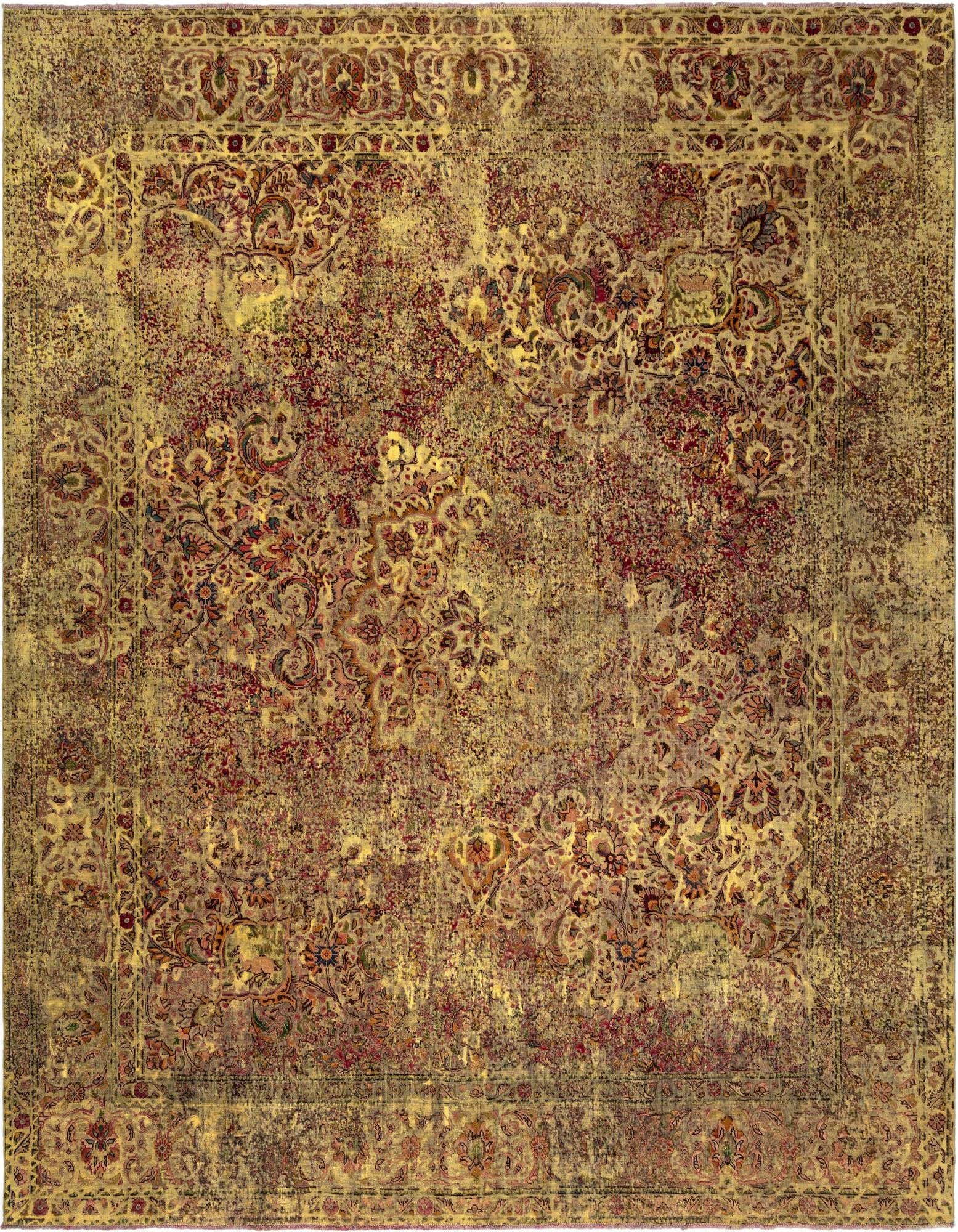 A square 9' 9 x 11' 4 yellow and red Persian rug with an ornate, distressed floral pattern.